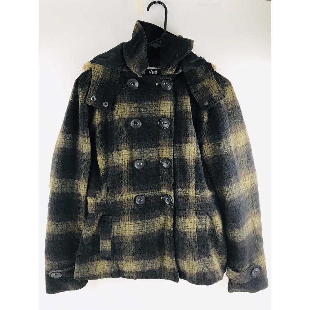 YMI Jacket Women's Large Black Brown Plaid Double Button Faux Fur Hooded Peacoat